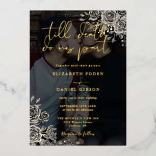 Invitation En Aluminium Fleurs de roses gothiques Mariage noir et or Photo