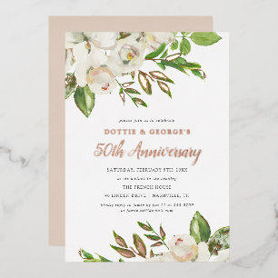 Invitation En Aluminium Fleurs dorées Parti du 50e anniversaire