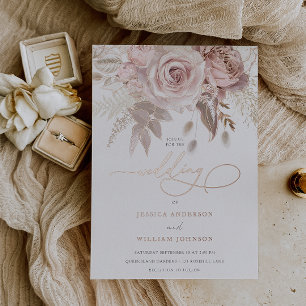 Invitation En Aluminium Fleurs dorées roses divines Mariage écriture éléga