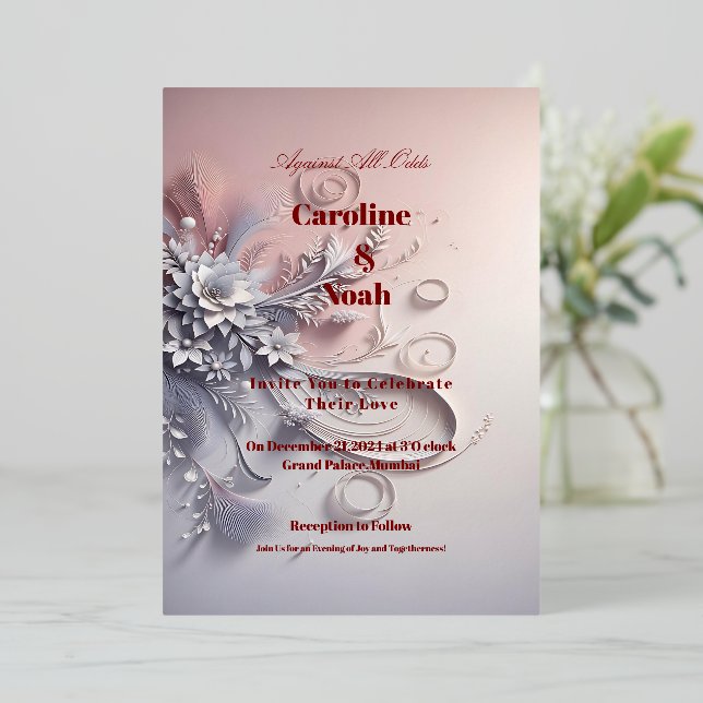 Invitation En Aluminium Fleurs grises délicates sur fond rose (Debout devant)