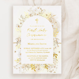 Invitation En Aluminium fleurs jaunes blanches Première communion sainte