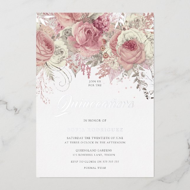 Invitation En Aluminium Fleurs magiques Blush Rose Quinceanera Party 15e (Recto)