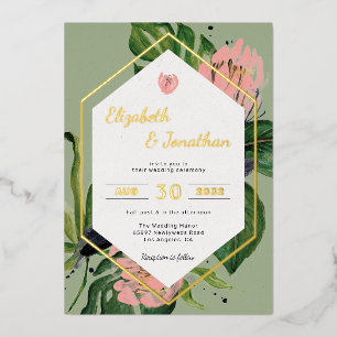 Invitation En Aluminium Fleurs modernes de jungle tropicale rose & feuille