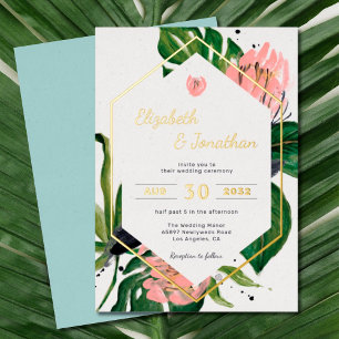 Invitation En Aluminium Fleurs modernes de jungle tropicale rose & feuille