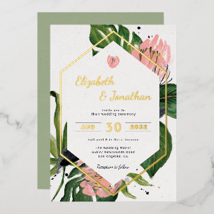 Invitation En Aluminium Fleurs modernes de jungle tropicale rose & feuille