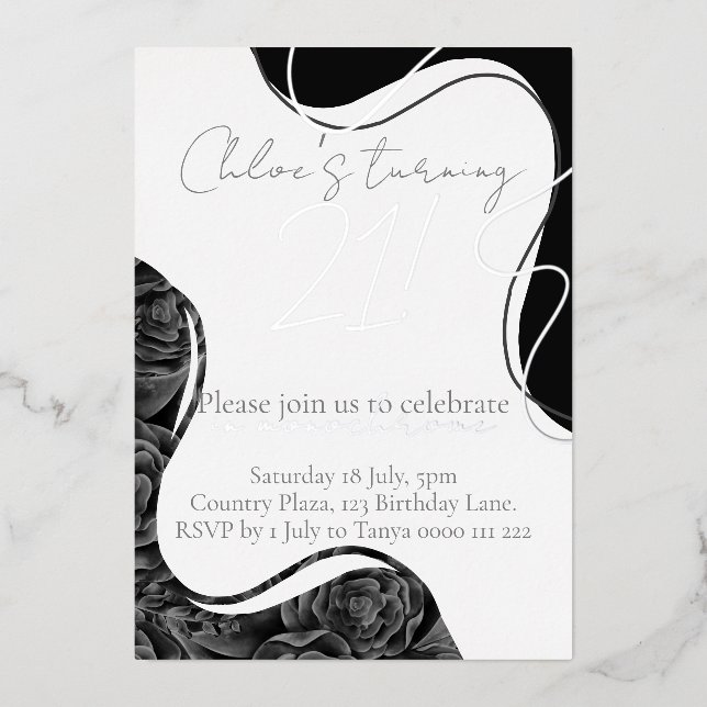 Invitation En Aluminium Fleurs monochromes et anniversaire à feuille d'arg (Recto)