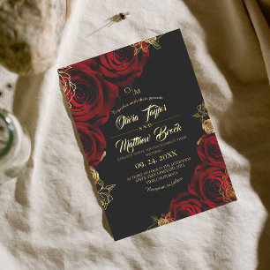 Invitation En Aluminium Fleurs noires et rouges Feuille d'or Mariage
