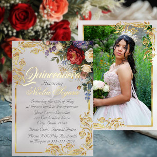 Invitation En Aluminium Fleurs, Photo & Cadre Doré - Pearl2 Quinceanera