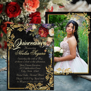 Invitation En Aluminium Fleurs, Photo et Cadre Doré - Quinceañera Noir