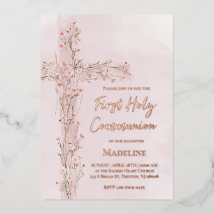 Invitation En Aluminium fleurs rose blush croix Première communion solenne