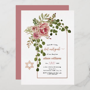 Invitation En Aluminium Fleurs rose poussiéreuse, arche Bat Mitzvah or ros