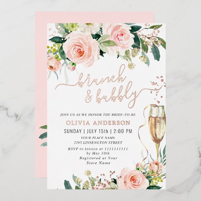 Invitation En Aluminium Fleurs rose vif Aquarelle Bridal Brunch Gold (Recto/Verso)