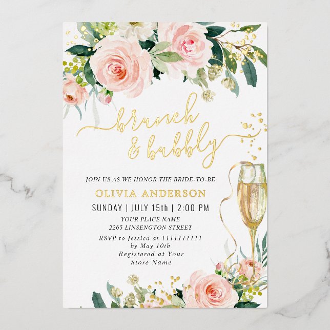 Invitation En Aluminium Fleurs rose vif Aquarelle Bridal Brunch Gold (Recto)