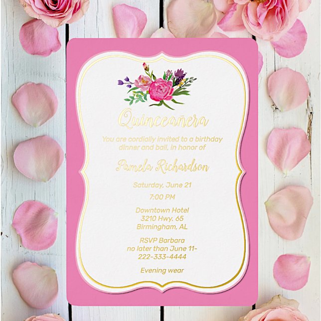Invitation En Aluminium Fleurs roses avec huile Quinceañera (Créateur téléchargé)