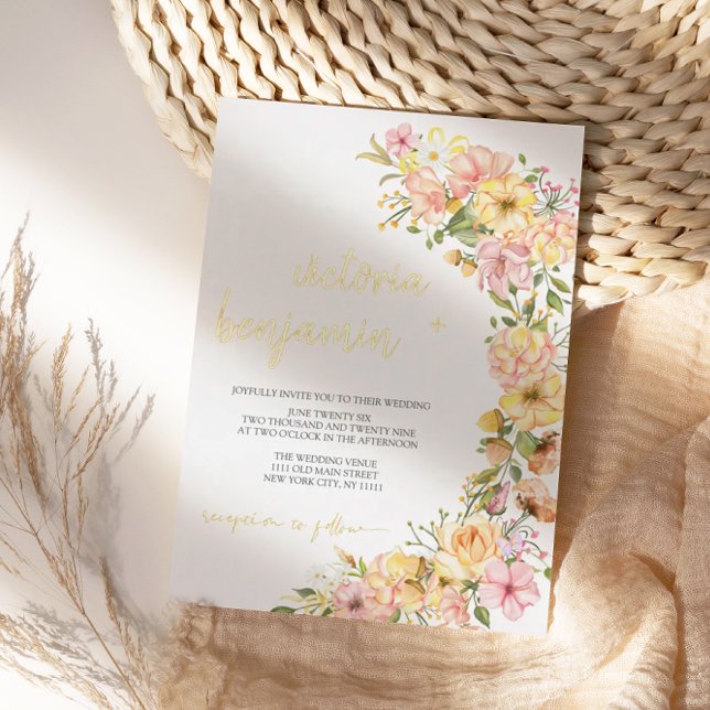 Invitation En Aluminium Fleurs roses florales printanières Jaunes Or Maria (Créateur téléchargé)