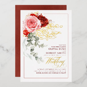 Invitation En Aluminium Fleurs roses rouges de Bourgogne Eucalyptus Mariag