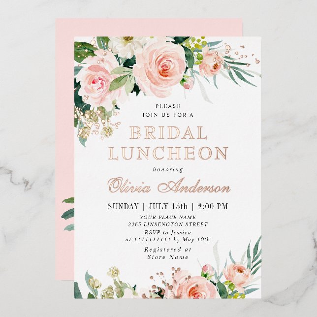 Invitation En Aluminium Fleurs roses rousses Aquarelle Bridal LUNCHEON Gol (Recto/Verso)