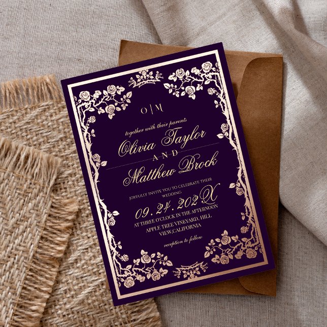 Invitation En Aluminium Fleurs Roses Royal violet or Le Mariage de (Créateur téléchargé)