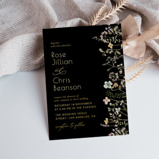 Invitation En Aluminium Fleurs sauvages aquarelle mariage noir