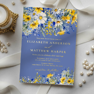 Invitation En Aluminium Fleurs sauvages jaunes bleues poussiéreuses Mariag