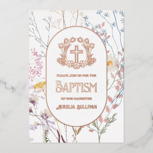 Invitation En Aluminium Fleurs sauvages pastel croix florale baptême