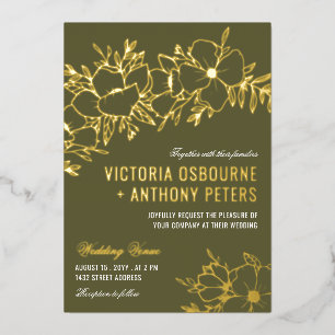 Invitation En Aluminium Fleurs vert olive et or Mariage floral