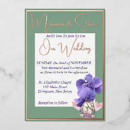 Invitation En Aluminium Fleurs violettes sur Mariage vert et blanc