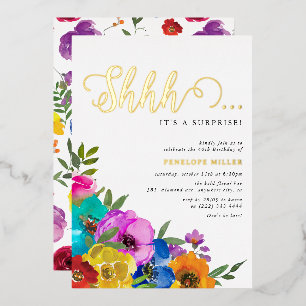 Invitation En Aluminium Fleurs vives et audacieuses Shhh Surprise Annivers