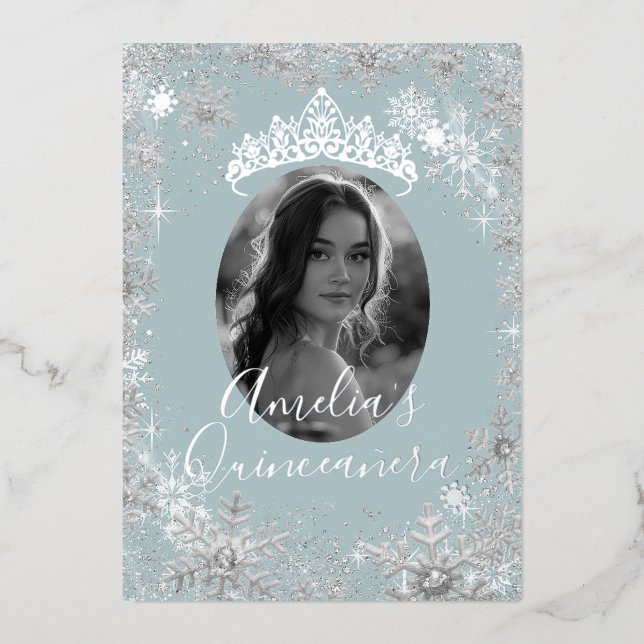 Invitation En Aluminium Flocon de neige bleu en argent d'hiver Photo Quinc (Recto)
