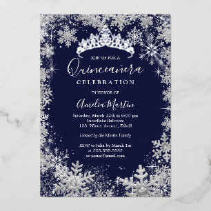 Invitation En Aluminium Flocon de neige d'hiver Argent Navy Quinceanera