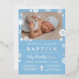 Invitation En Aluminium Flocons de neige bleu marine Photo Baptême d'hiver