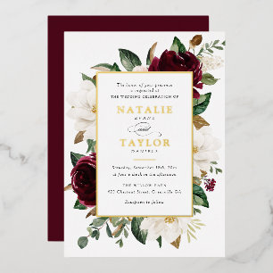 Invitation En Aluminium Floral Bourgogne Blanc Élégant Frame Or