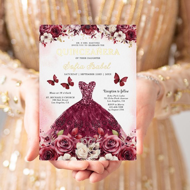 Invitation En Aluminium Floral Burgundy Butterfly Princess Quinceanera (Créateur téléchargé)