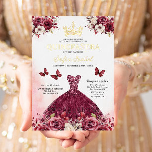 Invitation En Aluminium Floral Burgundy Butterfly Princess Quinceanera