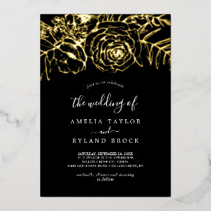 Invitation En Aluminium Floral doré   Gold Foil Black Le Mariage de