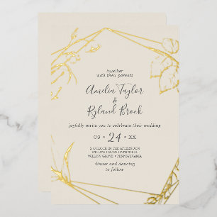 Invitation En Aluminium Floral doré   Gold Foil Cream Mariage avant
