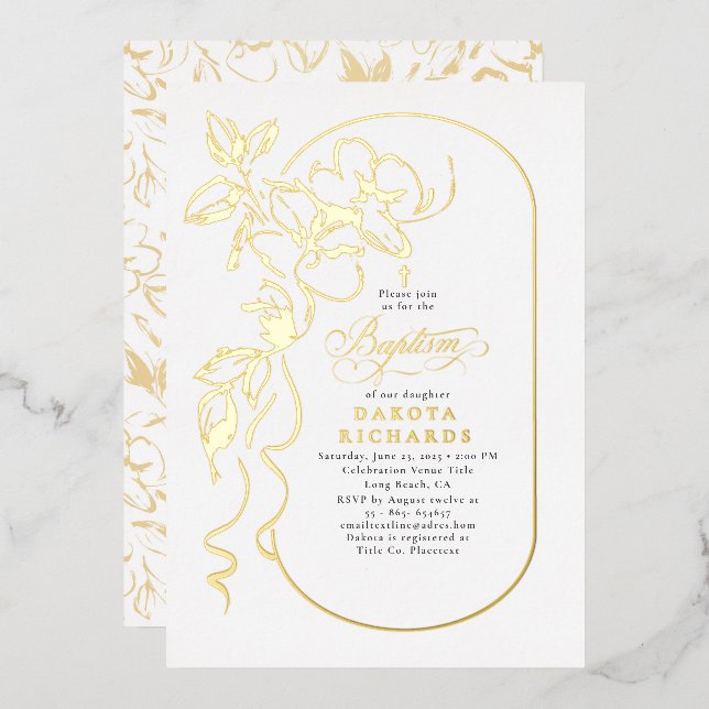Invitation En Aluminium Floral Elegant Baptism Or (Recto/Verso)