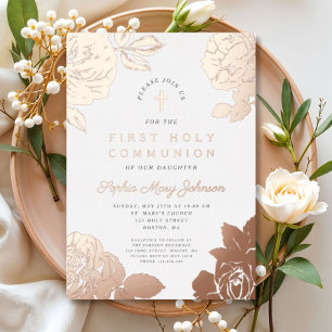 Invitation En Aluminium Floral Elegant Premier Rose Communion Or