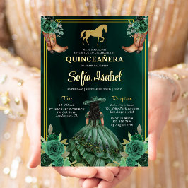 Invitation En Aluminium Floral Emerald Green Boots Horse Quinceanera