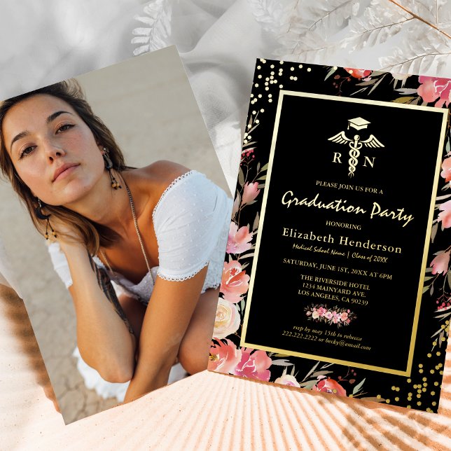 Invitation En Aluminium Floral Gold Nursing School Graduation Real Gold (Créateur téléchargé)