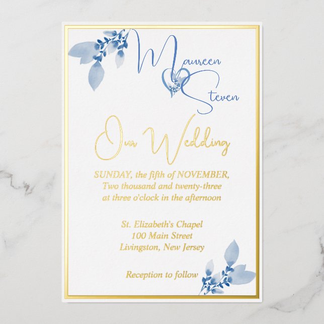 Invitation En Aluminium Floral Pastel Blue Mariage Gold (Recto)