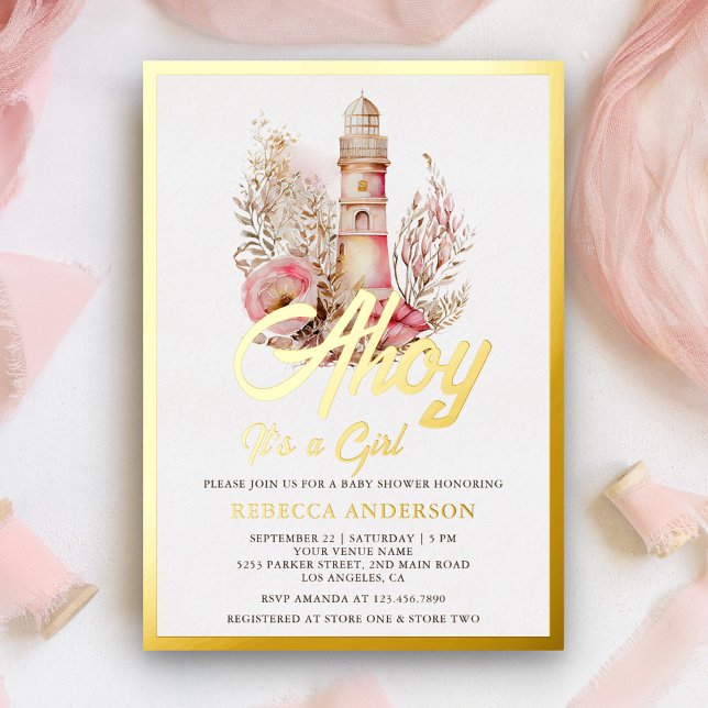 Invitation En Aluminium Floral phare Nautique fille Baby shower or (Créateur téléchargé)