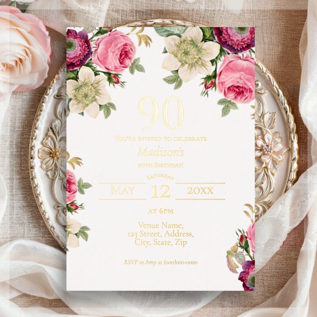 Invitation En Aluminium Floral rose | 90e Anniversaire Or (Créateur téléchargé)