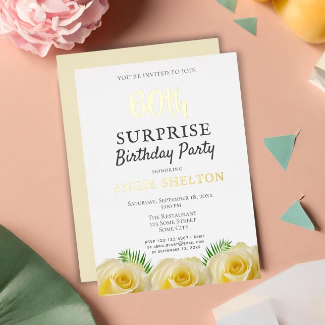 Invitation En Aluminium Floral rose jaune 60e fête d'anniversaire surprise (Créateur téléchargé)