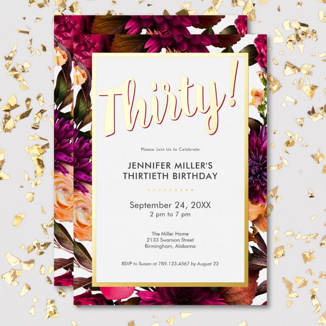 Invitation En Aluminium Floral rose & or moderne 30e anniversaire (Modern Pink & Gold Foil Floral 30th Birthday Foil Invitation)