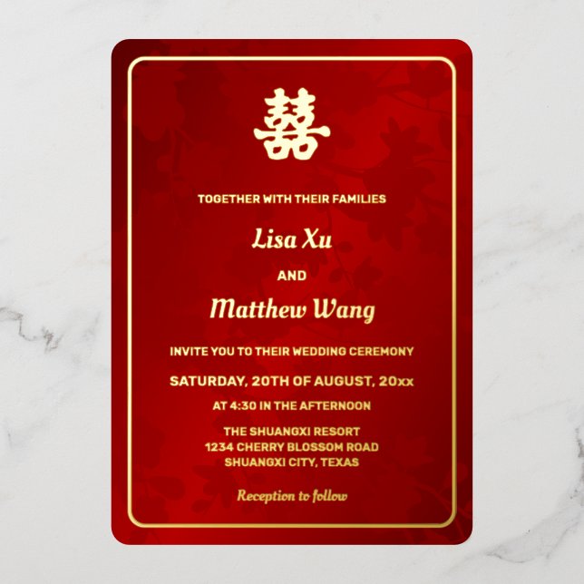 Invitation En Aluminium Floral Rouge or Mariage chinois (Recto)