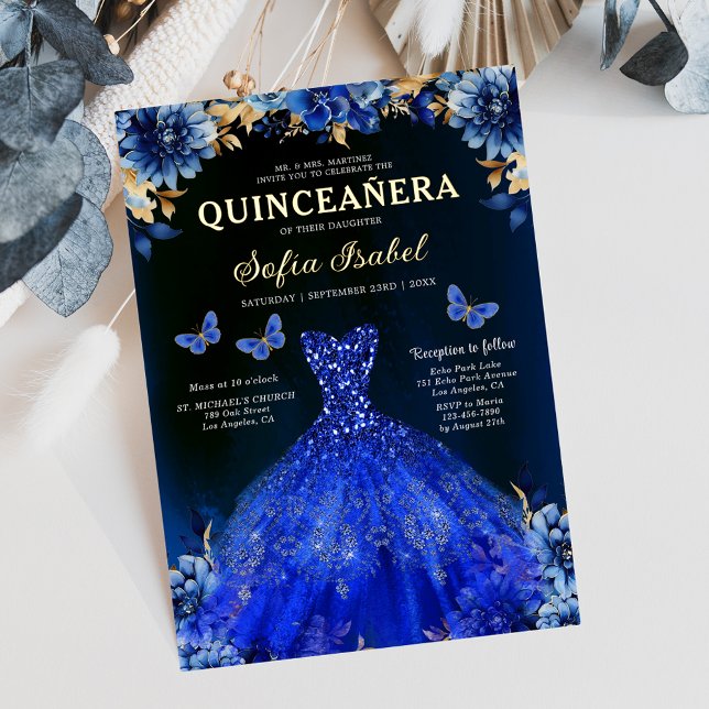 Invitation En Aluminium Floral Royal Blue Butterfly Princess Quinceanera (Créateur téléchargé)