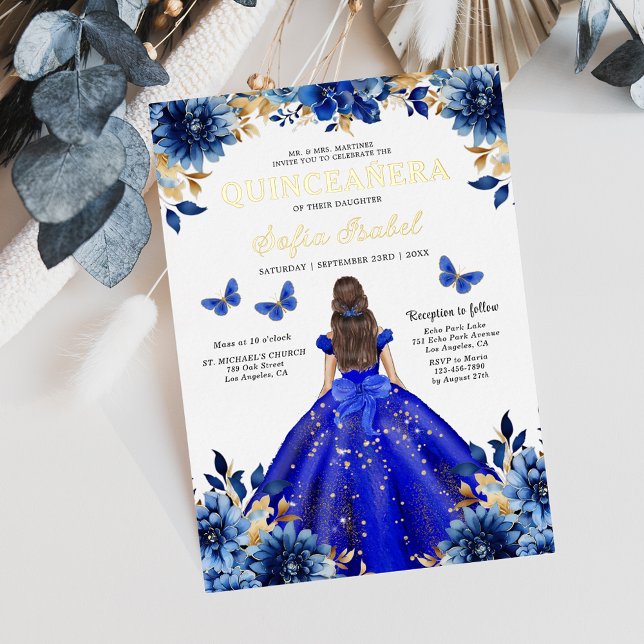 Invitation En Aluminium Floral Royal Blue Butterfly Princess Quinceanera (Créateur téléchargé)
