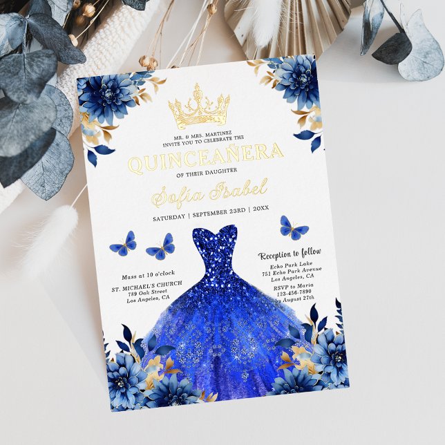 Invitation En Aluminium Floral Royal Blue Butterfly Princess Quinceanera (Créateur téléchargé)