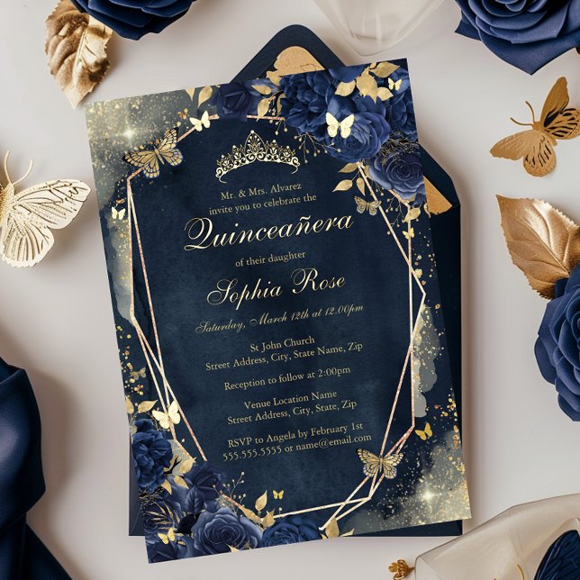 Invitation En Aluminium Floral Sparkle Butterfly Marine Gold Quinceanera (Créateur téléchargé)